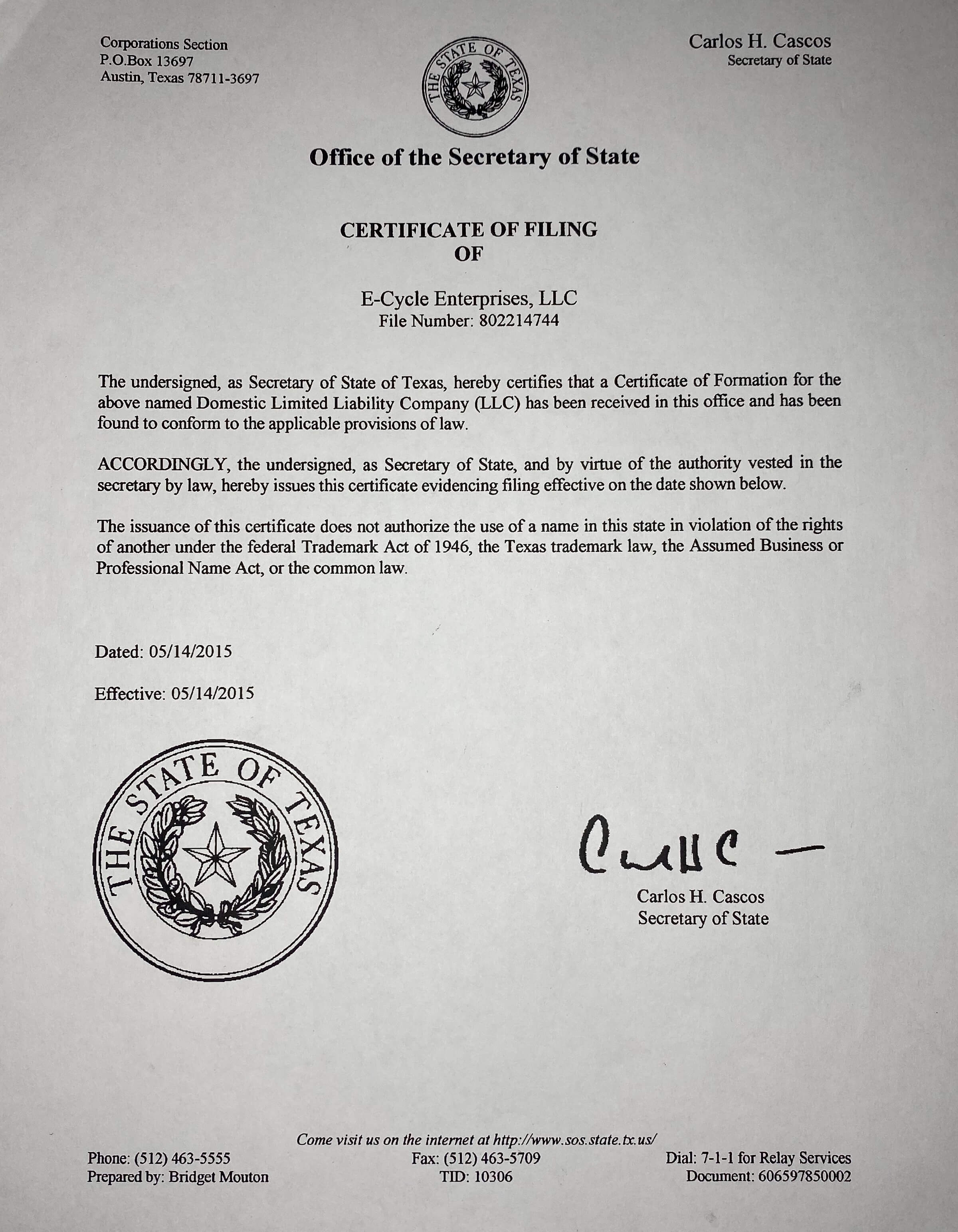 Certificate of Filing